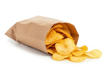 A brown paper bag filled with potato chips spilling onto a white surface in a studio shot