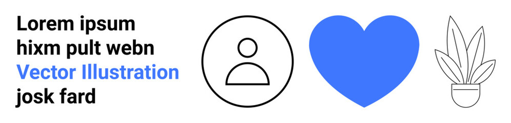 Minimalistic user profile icon, vibrant blue heart, and a potted plant. Ideal for social media, profiles, wellness, nature, love, digital communication flat landing page banner