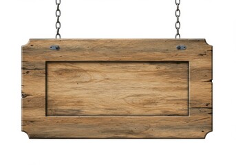A weathered wooden sign hanging from metal chains against a plain white background in studio lighting