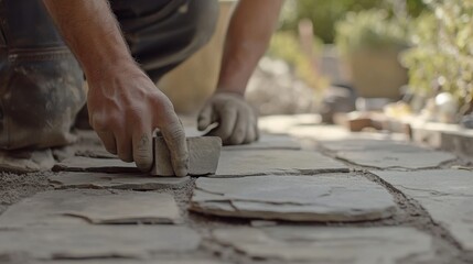 Mason creating a stone foundation for a patio. Featuring technique and accuracy