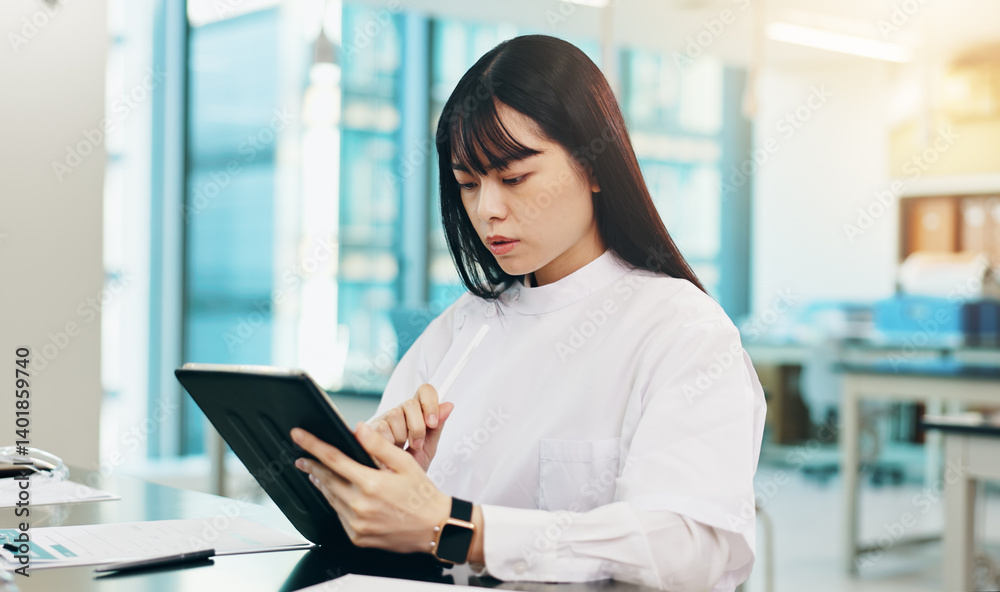 Poster Tablet, education and woman in university lab for science lecture with notes for exam or test. Digital technology, studying and Japanese female student with biology research for college assignment.