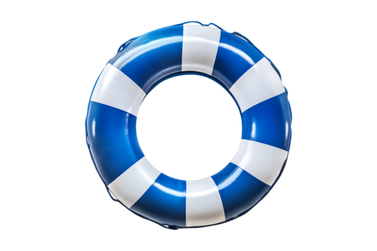Blue and white inflatable swim ring isolated on transparent background for summer and pool safety concept