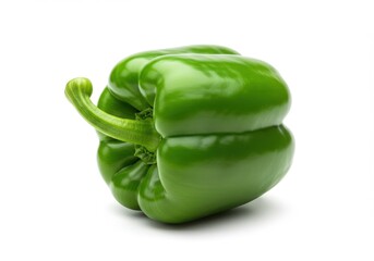 A single vibrant green bell pepper isolated on a plain white background in a studio setting
