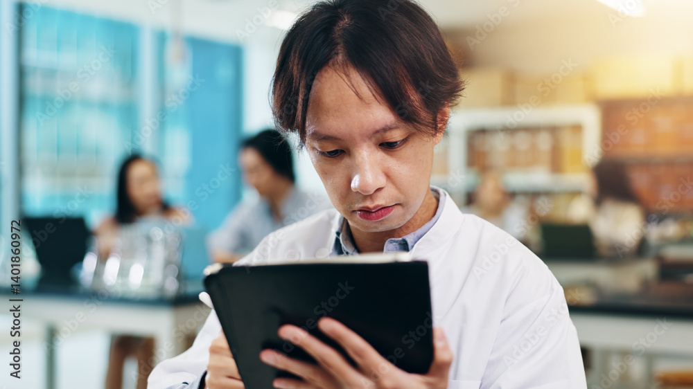 Fototapete Tablet, studying and man in university lab for science lecture with notes for exam or test. Digital technology, education and Japanese male student with biology research for college assignment.