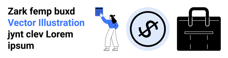 Woman placing a document on a shelf, dollar emblem signifying finance, and a business briefcase. Ideal for finance, organization, business, planning, management, economy simple landing page