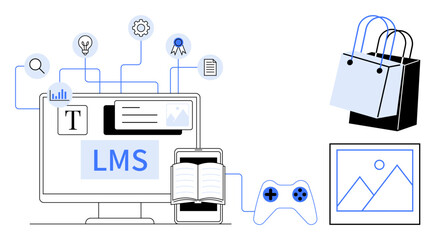 Computer displaying LMS interface connected to various digital elements thumbs up search, settings, notifications, and content. Includes a game controller, shopping bags, and multimedia representing