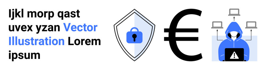 Shield with lock icon, euro symbol, and hooded figure at laptop signify data protection, online threats, and financial safety. Ideal for security, hacking, fraud, finance currency technology flat