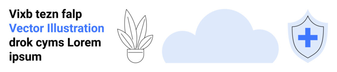 Potted plant symbolizing growth, cloud denoting connectivity, shield with cross representing protection and health. Ideal for health, nature, security, growth, care, wellness flat landing page