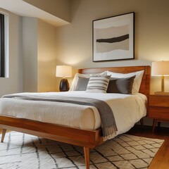 A mid-century modern bedroom featuring a comfortable bed and warm aesthetic.
