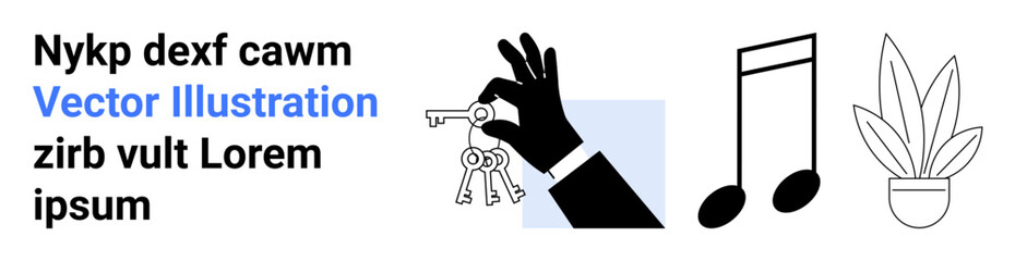 Black hand holding keys, classic musical notes, and minimal potted plant in clean modern style. Ideal for home security, music, gardening, minimalism, lifestyle, abstract flat landing page banner