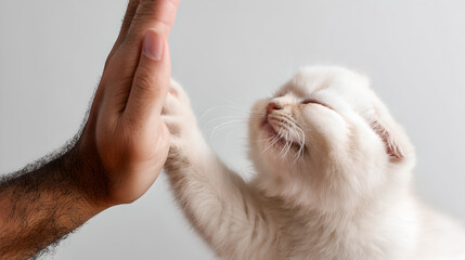 Gentle High Five, A Tender Moment of Affection and Connection Shared Between Human and a Soft, White Kitten