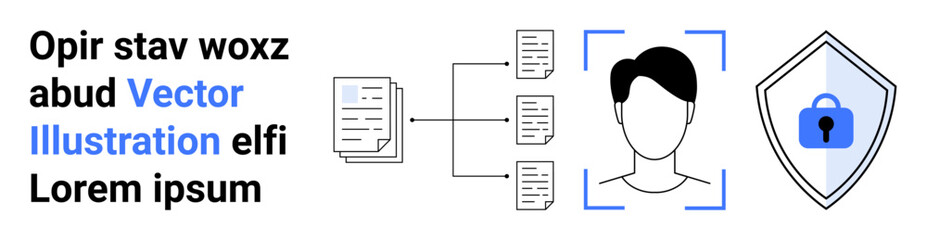 Documents linked to a facial scan and shield icon with a lock represent biometric ID verification, data protection, and cybersecurity. Ideal for authentication, access control, privacy, security