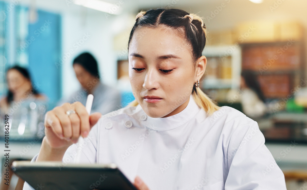 Aufkleber Tablet, pen and woman in university lab for science lecture with notes for exam or test. Digital technology, education and Japanese student with biology research for studying with college assignment.