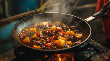 Delicious beef stew recipe cooking in pan over campfire outdoor cooking food photography style