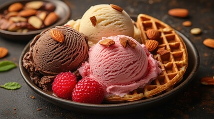 Three scoops of ice cream, waffle, and almonds