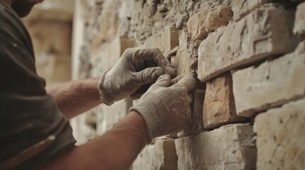 Mason repairing a stone wall in a historic building. Featuring restoration work and precision