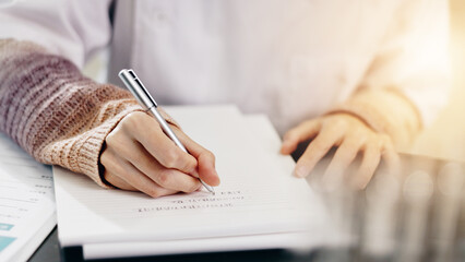 Science, person or hands with writing in laboratory for research notes, exam assessment or...