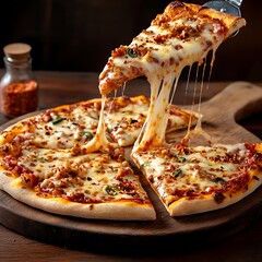 Delicious pizza slice with melted cheese and meat topping