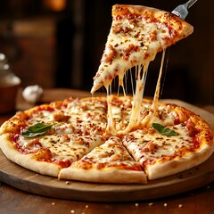 "Delicious cheesy pizza slice with mozzarella and basil"