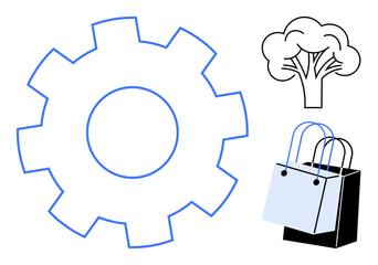 Gear symbol for industry, tree for environment, and shopping bag for consumerism illustrate balance and connection between manufacturing, nature, and commerce. Ideal for sustainability, ecology