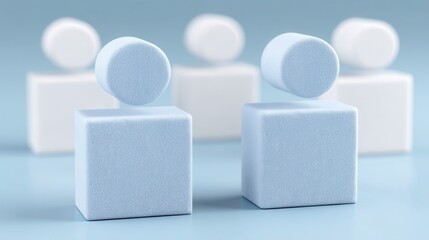 Abstract foam figures in blue tones, representing minimalistic human shapes, set against a soft gradient background.