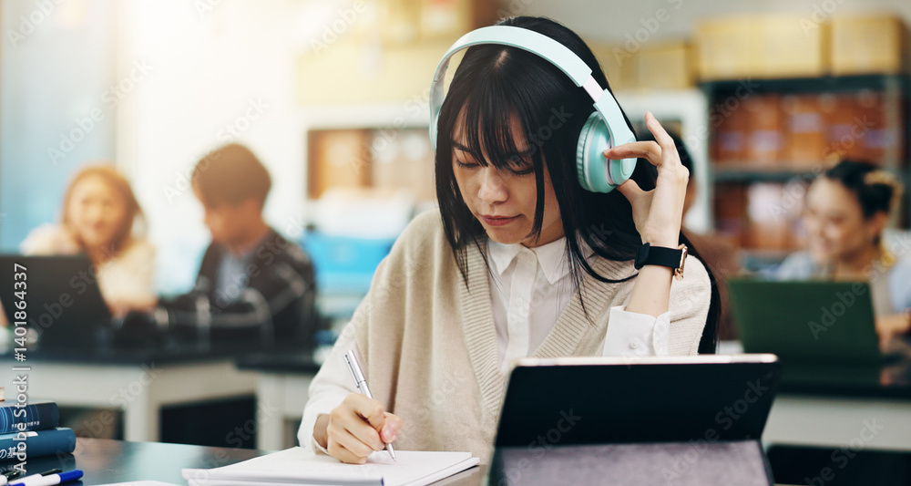 Poster headphones, tablet and woman writing at university with notes for literature assignment in class. ed