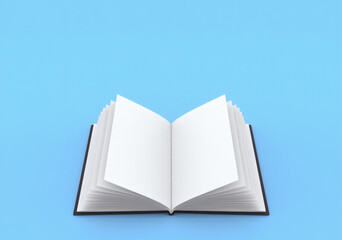 Clean open book mockup in vertical layout with soft blue background and sharp detail