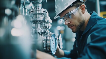 Mechanical engineer inspecting hydraulic systems at an industrial plant. Featuring technology and precision