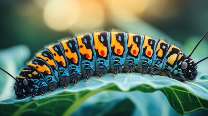 Fototapeta premium Colorful caterpillar on a leaf.