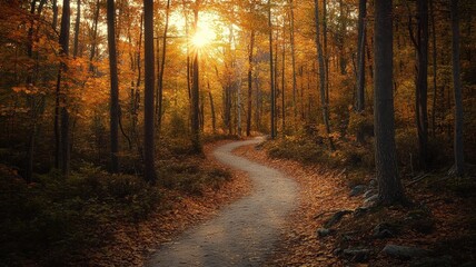 Fototapeta premium Woodland path during sunrise in fall season