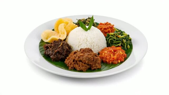 A beautifully presented Indonesian rice dish, featuring a central portion of white rice surrounded by a variety of flavorful side dishes.