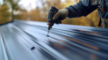 Metal roofer securing aluminum sheets on a sloped roof. Featuring durability and alignment