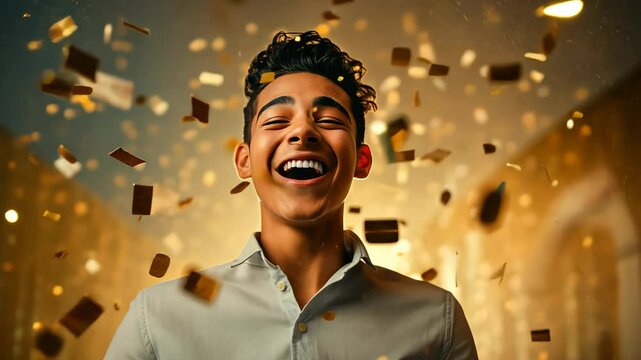 Lottery win celebration concept. Happy young Indian man celebrating with confetti. Studio shot with golden confetti. Celebration and party concept. Design for banner, poster, invitation