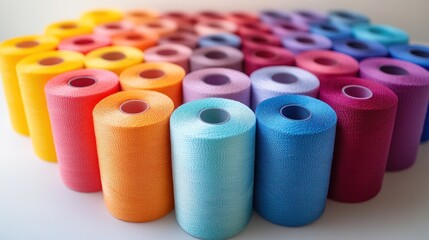 Colorful spools of thread arranged in a semicircle.