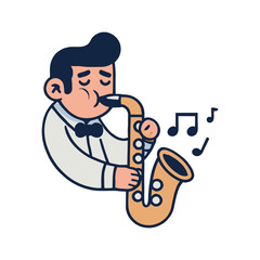 Saxophone Player In White Outfit Playing Musical Notes on White Backdrop