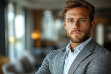 Obraz premium Confident man in blazer, piercing gaze, blurred interior, stylish and modern look