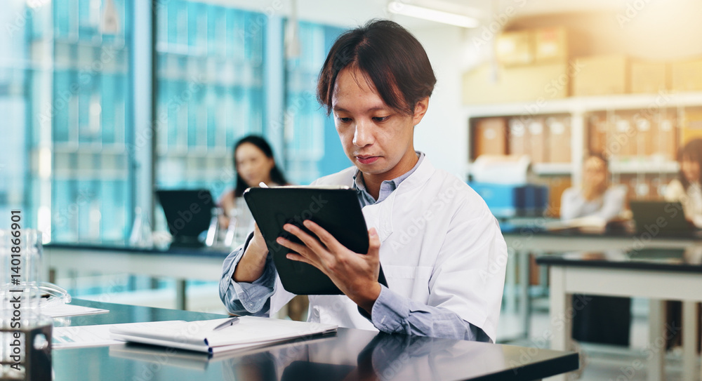 Aufkleber Tablet, education and man in university lab for science lecture with notes for exam or test. Digital technology, studying and Japanese male student with biology research for college assignment.