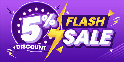 5% Flash Sale Discount Banner with Vibrant Purple Lightning Design
