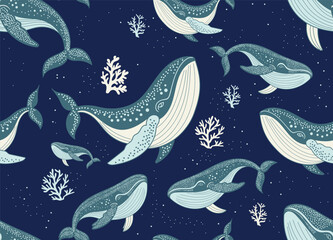 whale  seamless pattern for decorating all fashion designs, fabrics, wallpapers and prints. on a dark background © OneVectorArt