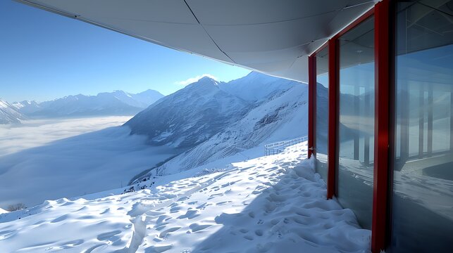 Panoramic winter mountain view from a modern ski resort chalet.