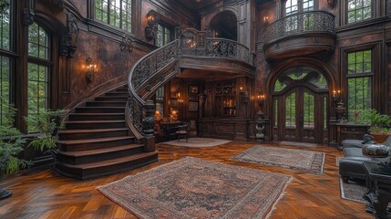 Obraz premium Grandiose Wooden Staircase in a Luxurious Mansion