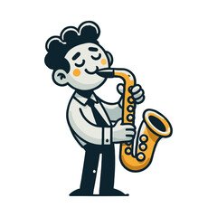 Cartoon Musician Playing Golden Saxophone with Cheerful Expression