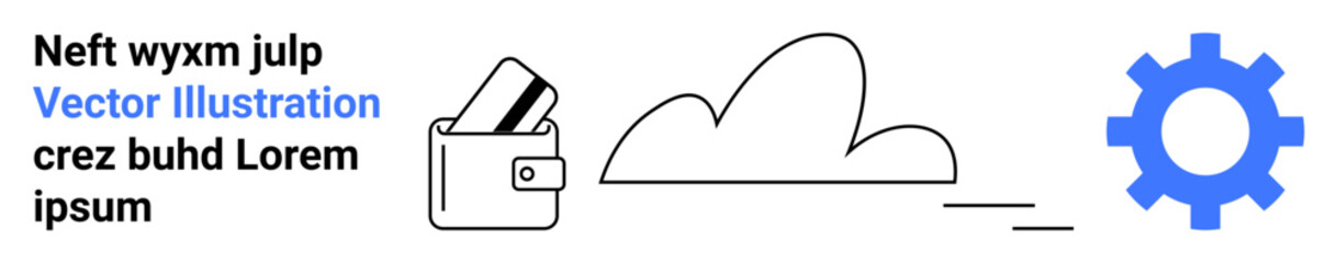 Digital wallet with cards, cloud icon, and blue gear. Ideal for finance, technology, cloud storage, digital security, online services software development and data management. Landing page