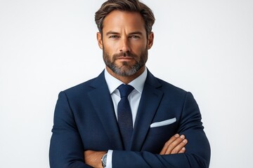 Confident man poses in a blue suit, arms crossed, against white backdrop
