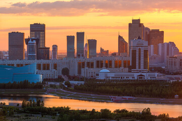 Fototapeta premium Beautiful sunset over the central part of the capital of Kazakhstan, Astana