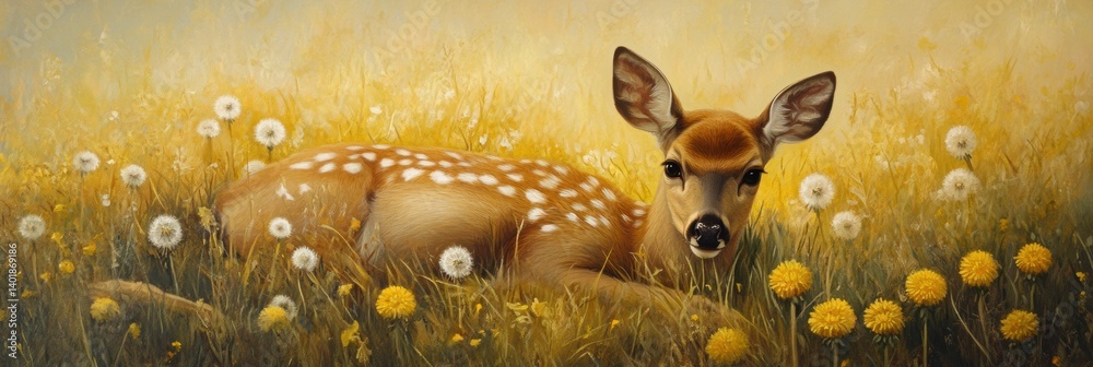 Poster Peaceful deer resting in a dandelion field surrounded by nature’s tranquility and soft warmth during a calm afternoon