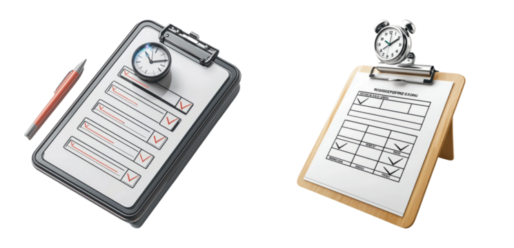 Clock and Clipboard with Checklists on a Wooden Table Surface