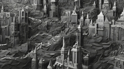 Abstract Gray Cityscape with Complex Geometric Architecture and Urban Density Textured Pattern and Futuristic Miniature Topography