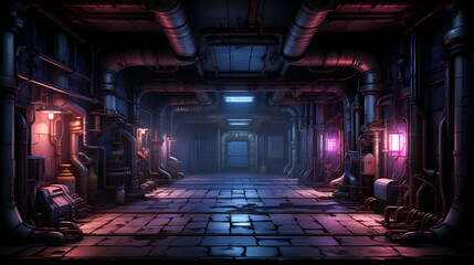 Fototapeta premium Dark Industrial Tunnel with Metal Pipelines and Blue Pink Lighting in Abandoned Urban Interior