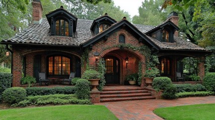 Obraz premium Charming Brick House with Lush Greenery